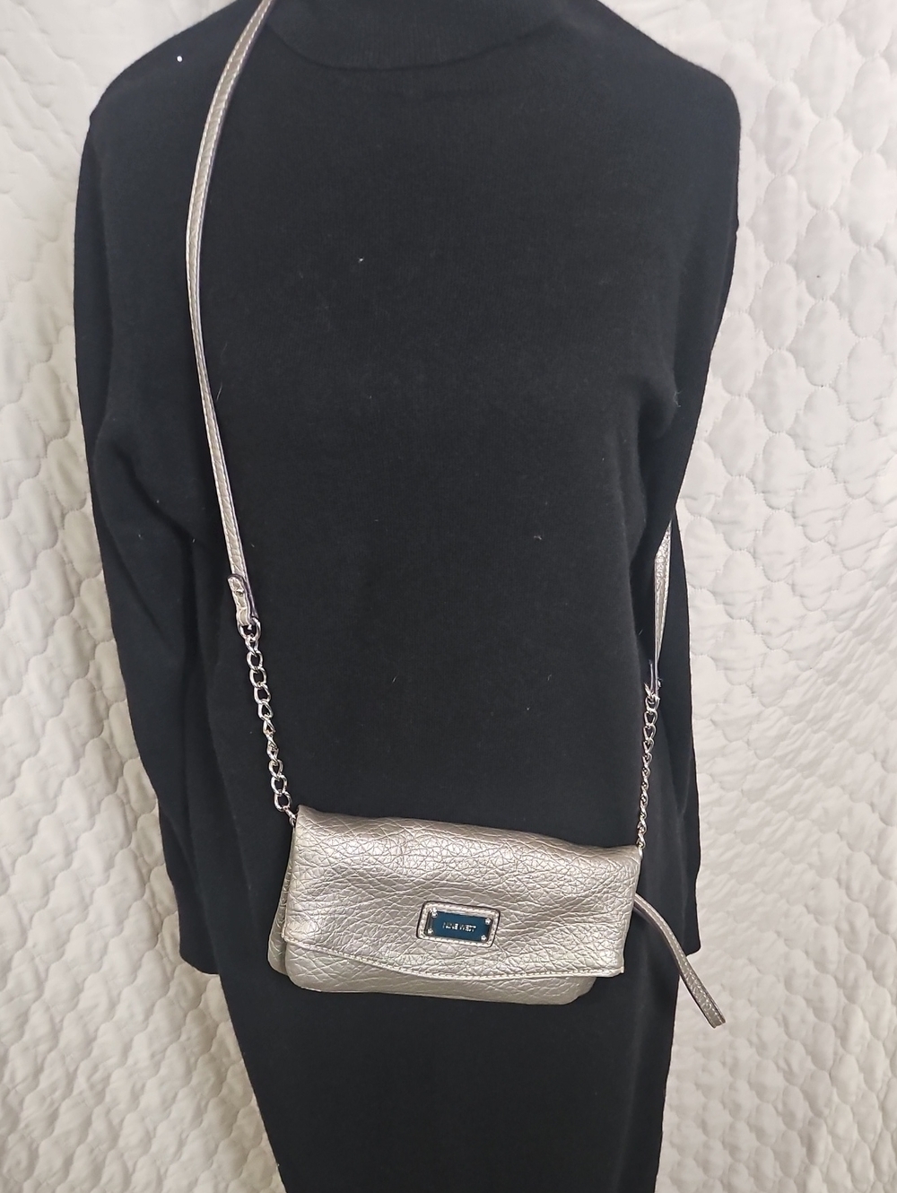 Nine West Metallic Silver Crossbody Foldover Purse